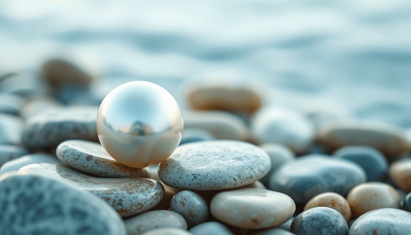 Pearl resting among smooth stones with ocean waves in background