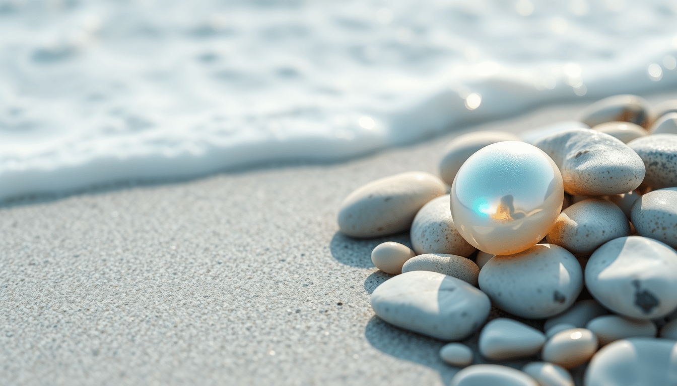 Pearl resting among smooth stones with ocean waves in background